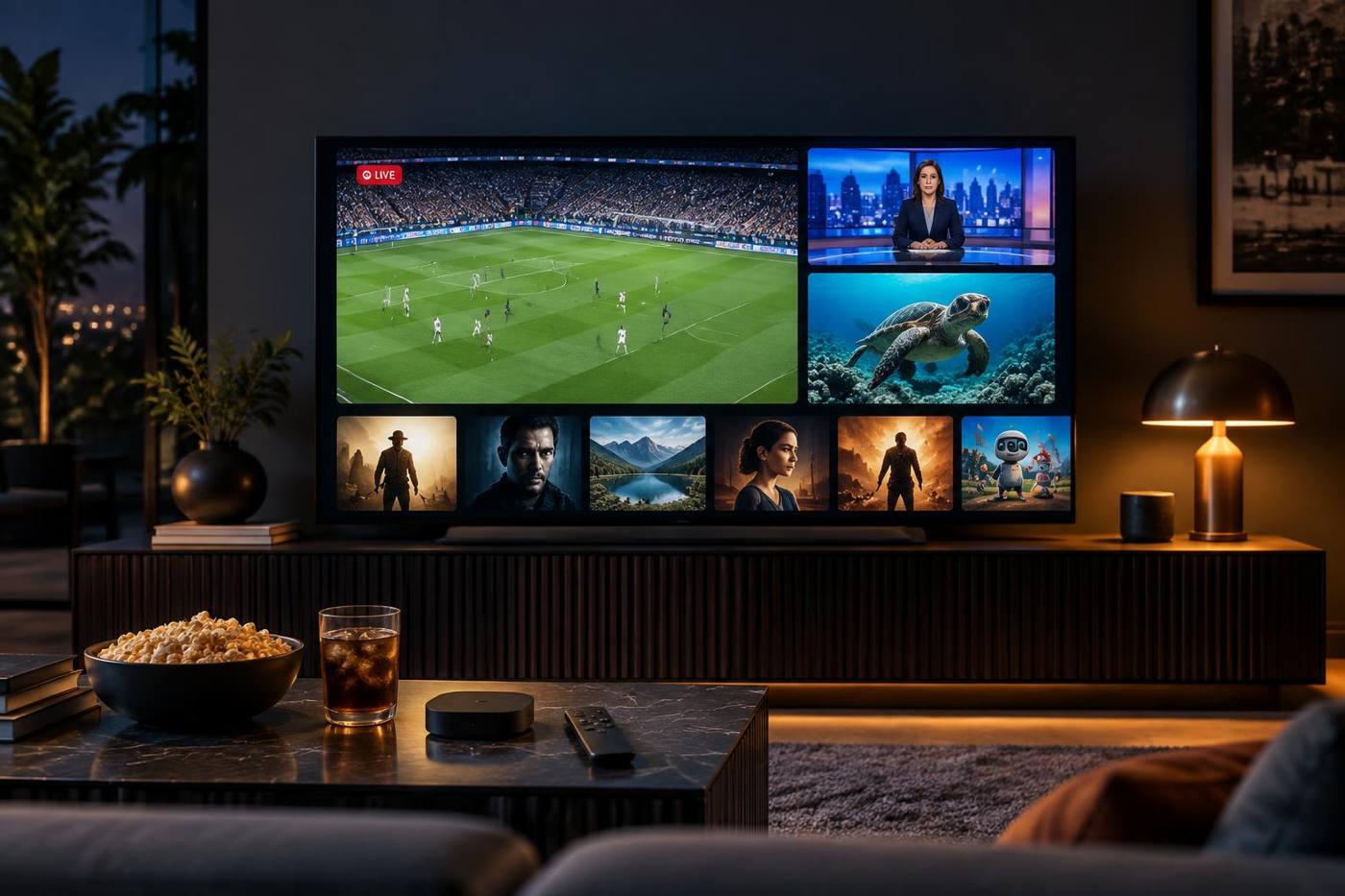 IPTV on a television showing live sports, news, documentaries and movies